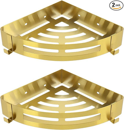 NearMoon Bathroom Shower Caddy 2 Pack, No Drill 304 Stainless Steel Shower Organizer with 2 Hooks (Corner Shelf, Gold)