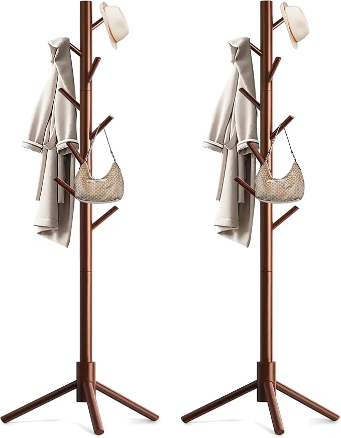 Wooden Coat Rack Stand, Freestanding Coat Rack with 8 Hooks, 3 Adjustable Size Coat Tree for Hats, Coats, Scarves bags, Coat Hanger Stand Used in Bedroom/Office/Entryway,2 PCS (Brown)