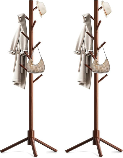 Wooden Coat Rack Stand, Freestanding Coat Rack with 8 Hooks, 3 Adjustable Size Coat Tree for Hats, Coats, Scarves bags, Coat Hanger Stand Used in Bedroom/Office/Entryway,2 PCS (Brown)