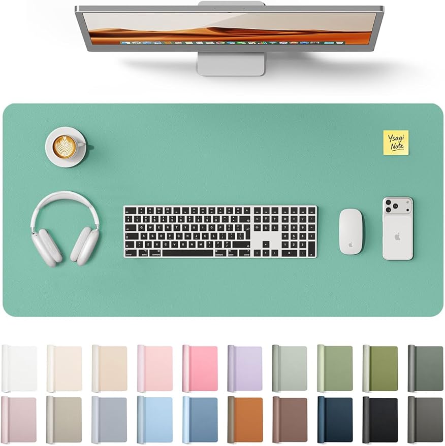 YSAGi Leather Desk Protector, Office Mat, Large Mouse Mat, Non-Slip PU Leather Blotter, Laptop Desk Mat, Waterproof Writing Pad for Office and Home (Green-Blue, 31.5" x 15.8")