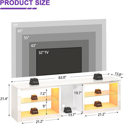 Clikuutory Modern 63 inch TV Stand with LED Lights for 50 55 60 65 70 75 inch TVs, High Gloss Entertainment Center for PS5, TV Cabinet with Glass Shelves for Living Room, Bedroom, Bright White