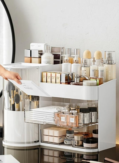 Makeup Organizer with Rotating Brush Holder Cosmetic Organizer with Drawers Countertop Skincare Organizer for Vanity,Cosmetic Display Case Storage (White, Large)