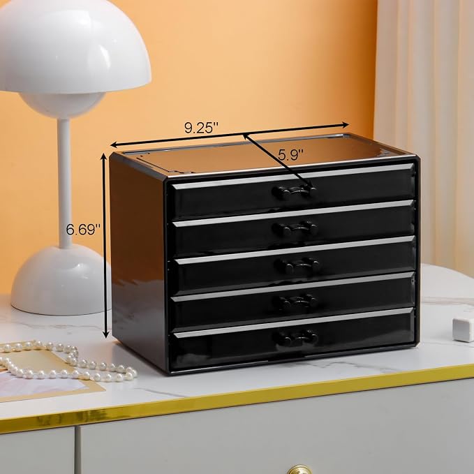 YUFONG Necklace Holder Organizer, Dustproof Necklace Box Velvet Necklace Organizer Box with Lid Clear Acrylic Dustproof Stackable Jewelry Displays for Necklaces Chain Display (Black Gray, 5 Drawer)