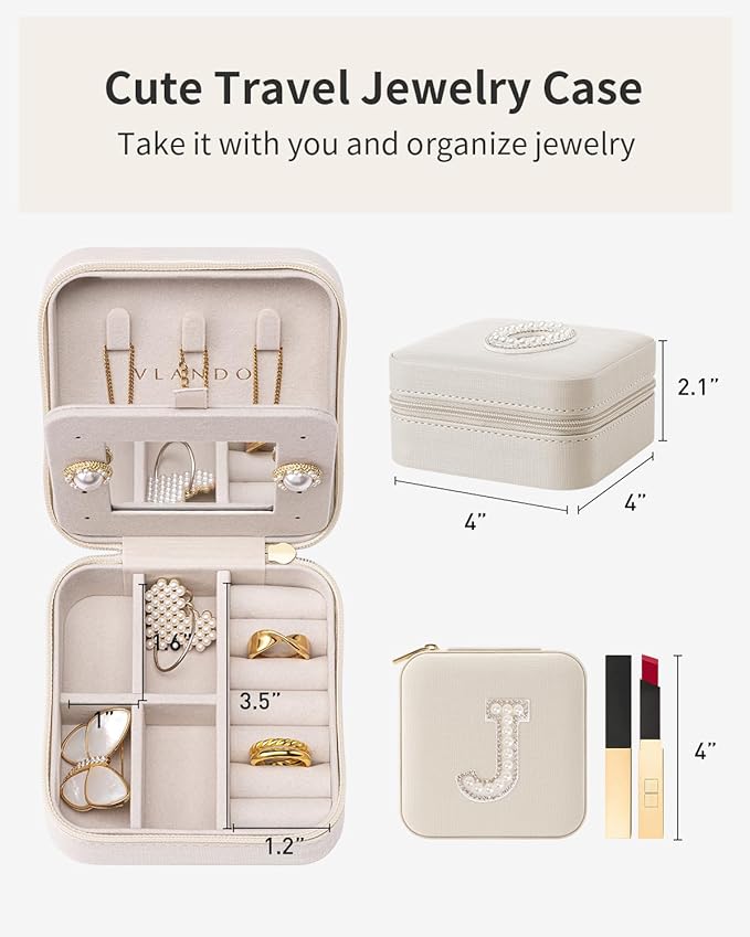 Vlando Wedding Gifts for Women, Jewelry Box, Bridal Shower Gifts, Bridesmaid Gifts for Wedding Day Bride Gifts, Personalized Jewelry Case - Letter J, White