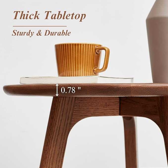 100% Solid Oak Small Side Table - Easy Assembly Round End Table with 3 Legs Pillars for Living Room, Bedroom, or Balcony - Mid Century Modern Nightstand for Small Spaces (Walnut, 2)
