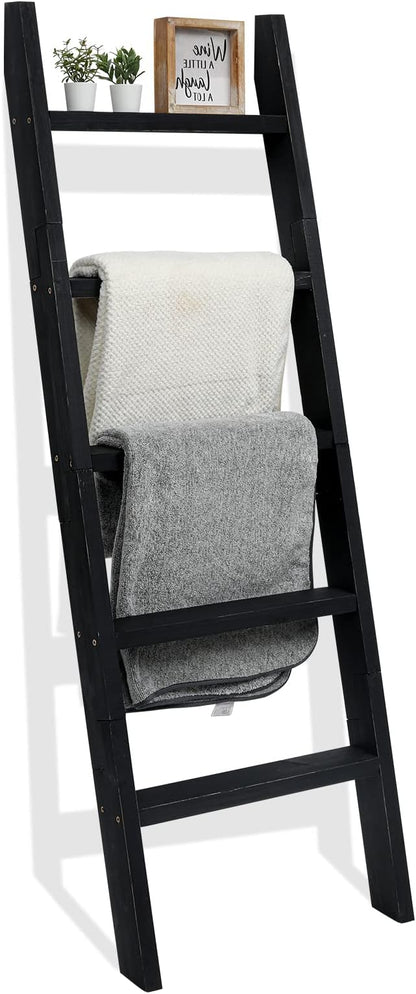 FUIN 5ft (58") Wood Blanket Ladder Living Room Decorative Wall Leaning Farmhouse Quilt Display Holder Shelf Rustic Wooden Towel Rack for Bathroom, Black