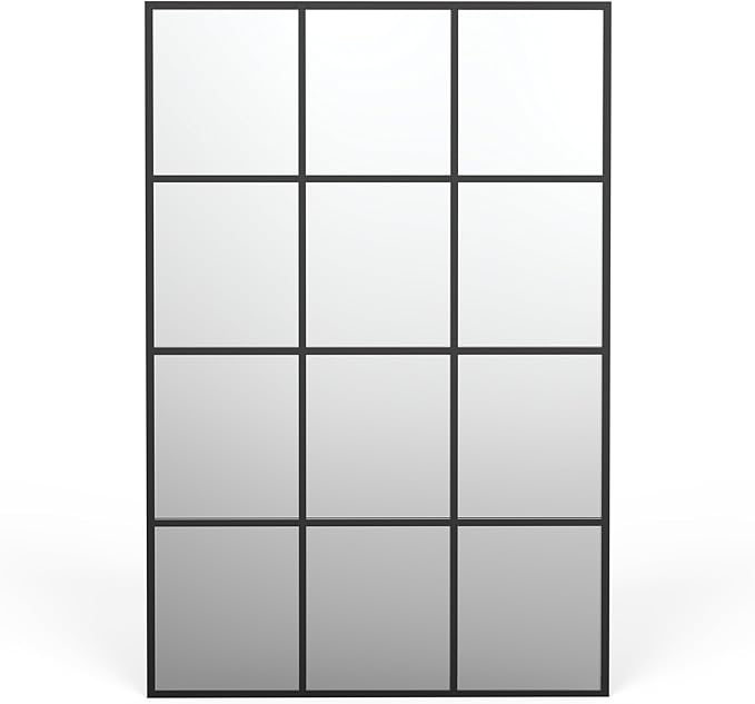 Metal Window Mirror Oversize, 47'' x 32'' Large Decorative Wall Mirror, Mirror Window for Wall Decor, Grid Wall Mirror for Living Room, Bedroom, Entryway, Matte Black