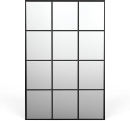 Metal Window Mirror Oversize, 47'' x 32'' Large Decorative Wall Mirror, Mirror Window for Wall Decor, Grid Wall Mirror for Living Room, Bedroom, Entryway, Matte Black
