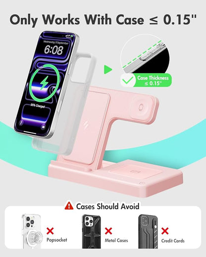 Wireless Charger Stand Charging Station: 3 in 1 Charger Stand Multiple Devices for Apple - iPhone 17 16e 16 15 14 Pro Max 13 12 - Watch 11 10 9 8 7 6 5 4 3 2 SE and Ultra Series-Airpods 4 3 Pro, Pink
