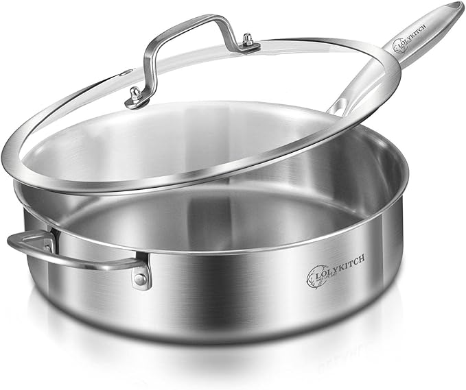 LOLYKITCH 6 QT Tri-Ply Stainless Steel Sauté Pan with Lid,Deep Frying Pan,Large Skillet,Jumbo Cooker,Induction Cooking Pan,Oven Safe and Detachable Handle.