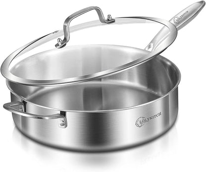 LOLYKITCH 6 QT Tri-Ply Stainless Steel Sauté Pan with Lid,Deep Frying Pan,Large Skillet,Jumbo Cooker,Induction Cooking Pan,Oven Safe and Detachable Handle.