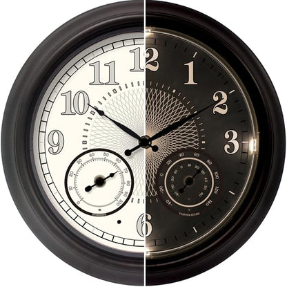 Illuminated Large Outdoor Clock - 18 inch Indoor Outdoor Night Light Wall Clock with Smart LED Sensor, Temperature and Humidity Combo - Weatherproof & Easy to Read for Pool, Patio & Home Decor