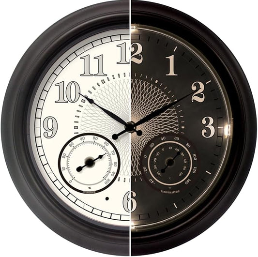 Illuminated Large Outdoor Clock - 18 inch Indoor Outdoor Night Light Wall Clock with Smart LED Sensor, Temperature and Humidity Combo - Weatherproof & Easy to Read for Pool, Patio & Home Decor