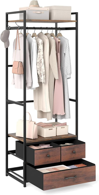 Giantex Clothes Rack with Drawers, Heavy Duty Clothing Garment Rack with Side Hooks and Metal Frame, Industrial Freestanding Clothes Storage Organizer for Entryway, Living Room, Bedroom