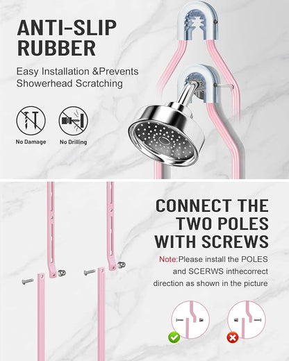 Adjustable Shower Caddy Hanging for Handheld Showerheads - Never Rust Shower Hanging Organizer, Upgraded Bathroom Shower Rack with Soap Basket, Hooks and Toothbrush Holder (Pink)