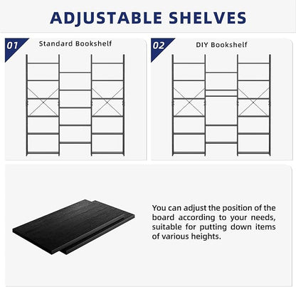 NUMENN Triple Column 6 Tier Bookshelf, Bookcase with 17 Open Display Shelves, Adjustable Rustic Industrial Style Book Shelves, Modern Bookshelves for Bedroom, Living Room and Home Office, Black
