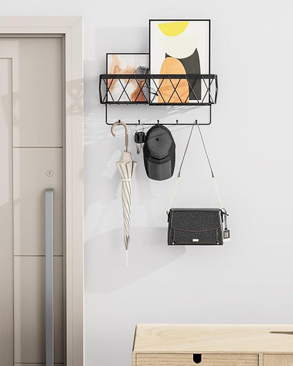 Key Holder Wall Mount Adhesive- Key and Mail Holder for Wall with 5 Hooks, Wall Mounted Mail Organizer and Key Rack, Modern Basket Key Hanger for Entryway, Home, Living Room Wall Decor, Black