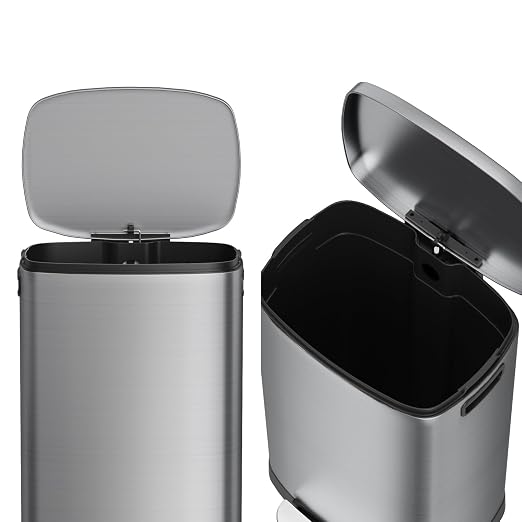 KdbK 13 Gallon Trash Can with Lid, 50L Fingerprint Proof Stainless Steel Kitchen Trash Can with Removable Inner Bucket and Lid Soft Close, Pedal Rubbish Bin for Home Office（Silver）