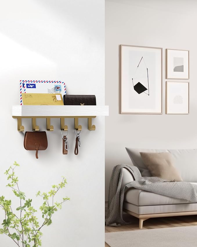 Key Holder Wall Mount Adhesive Magnetic - Hanging Key Hooks with Mail Organizer Tray for Wallet House - Keys Hanger Rack with Shelf for Camper Entryway Door Home Living Room Decor Gold White