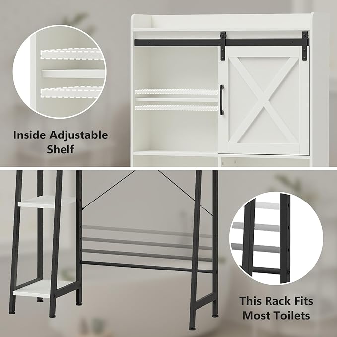 Vabches Over The Toilet Storage Cabinet, Farmhouse Storage Cabinet Over Toilet with Sliding Door & Toilet Paper Holder Stand, Home Space-Saving Toilet Rack for Bathroom, Restroom