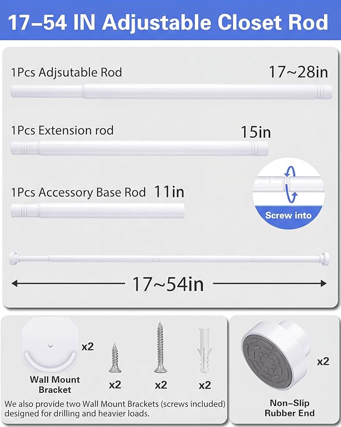 Supforce No Drilling Closet Rods for Hanging Clothes, Non Slip Tension Rod with Heavy Duty Clothes Hanging Rod, 17-54 Inches Adjustable Spring Closet Rod for Closet Wardrobe Bathroom Laundry RV, White