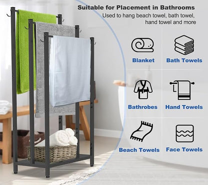 44 Inch Tall Free Standing Towel Rack with Metal Storage Shelf & 6 Hooks for Bathroom, 3 Tiers Heavy Duty Blanket Drying Stand Holder for Outdoor Pool, Bedroom, Living Room, Black