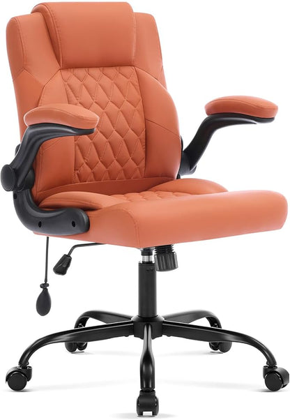 Office Chair with Adjustable Inflatable Lumbar Support,Leather Ergonomic Computer Desk Chair with Flip-up Arms,Adjustable Tilt Lock,Swivel Rolling Executive PC Chair for Work,Study,Meeting.Brown
