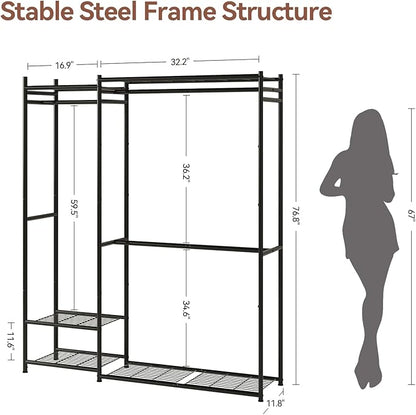 Portable Wardrobe Closet, Clothes Rack for Bedroom with Hanging Area and Storage Shelves, Tall Freestanding Clothes Organizer