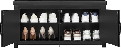 Shoe Storage Bench, 2 Tier Shoe Bench with Padded Seat Cushion & 2 Barn Doors, Entryway Bench with Adjustable Shelf, Farmhouse Shoe Cabinet for Living Room, Bedroom, Black SB26606BK