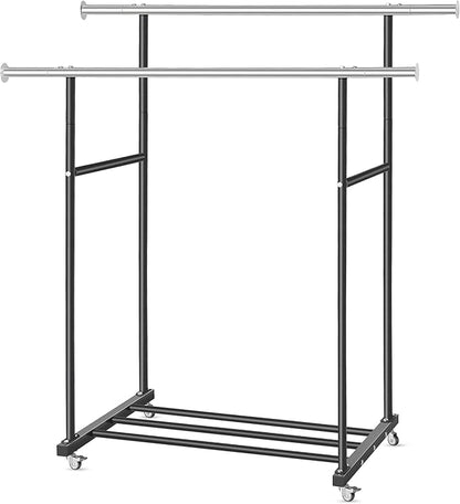 Clothes Rack, Double Clothing Rack with Wheels and Extra Wide Bottom Shelf, 52.36’’ Heavy Duty Garment Racks for Hanging Clothes, Coats, Shirts, Skirts, Dresses, 130LB Capacity, Black