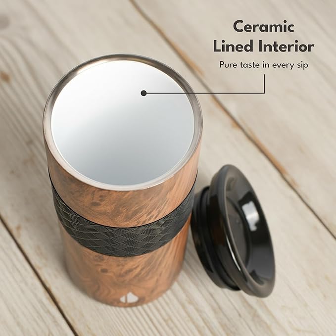 Elemental Artisan Inner Ceramic Coating Tumbler, Triple Wall Coffee Travel Mug, Reusable Stainless Steel Coffee Tumbler with Ceramic Lid for Hot (6 Hrs) & Cold (18 Hrs), 16oz - Teakwood