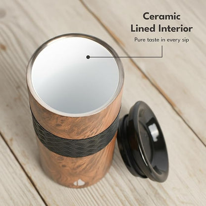 Elemental Artisan Inner Ceramic Coating Tumbler, Triple Wall Coffee Travel Mug, Reusable Stainless Steel Coffee Tumbler with Ceramic Lid for Hot (6 Hrs) & Cold (18 Hrs), 16oz - Teakwood