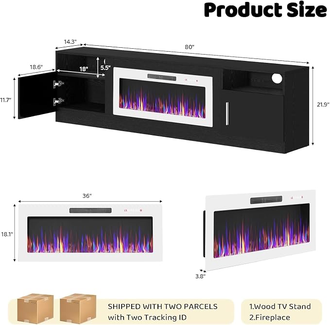 LEMBERI 80 Inch Fireplace TV Stand for TVs up to 90", 36" White Electric Fireplace Entertainment Center with 20-Color LED, 300lbs Max Capacity Modern Wood Media Console Cabinet, Black