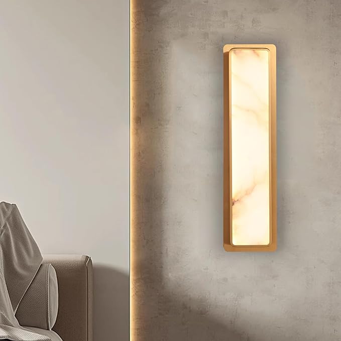 LED Natural Alabaster Wall Sconces,15W Warm Yellow 2700K Wall Mounted Wall lamp Indoor,Alabaster Gypsum Wall Mounted Lighting for Living Room (Brass Gold)