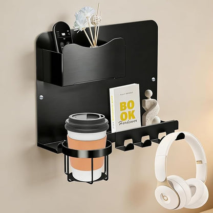Floating Bedside Wall Shelf Organizer with Remote Control Holder;Metal Adhesive Wall Mount Nightstand Shelf for Bedroom;Dorm Room Essentials;Bed Shelf for Phone,Earphone,Kindle (Black)