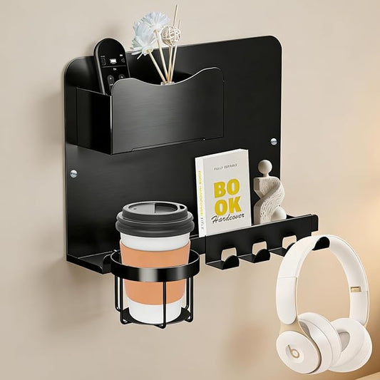 Floating Bedside Wall Shelf Organizer with Remote Control Holder;Metal Adhesive Wall Mount Nightstand Shelf for Bedroom;Dorm Room Essentials;Bed Shelf for Phone,Earphone,Kindle (Black)