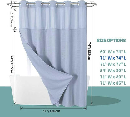 FrostBlue No Hook Waffle Weave Shower Curtain with snap-in Liner Replacement, 230GSM Waterproof Fabric Hotel Shower Curtain Set for Bathroom, Through Mesh Top Window,71Wx74H