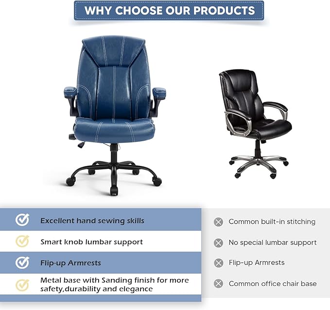 YAMASORO Executive Office Chair,Big and Tall Ergonomic Desk Chair with Adjustable Lumbar Support,Breathable PU Leather Computer Chair wih Flip-up Arms and Wheels,Navy Blue