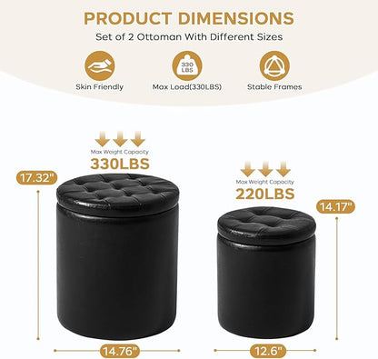 oakvivo Round Ottoman with Storage Set of 2, 12.6" W x 14.17" H & 14.76" W x 17.32" H Faux Footstool Storage Ottomans for Bedroom, Living Room Padded Coffee Table Ottomen, Black