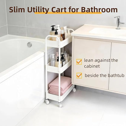 LIWNYRK 3 Tier Narrow Rolling Storage Cart for Laundry Room Bathroom Kitchen, 7.1'' Slim Utility Cart with Wheels and Lockable Casters Standing Shelf for Small Space & Between Washer and Dryer, White