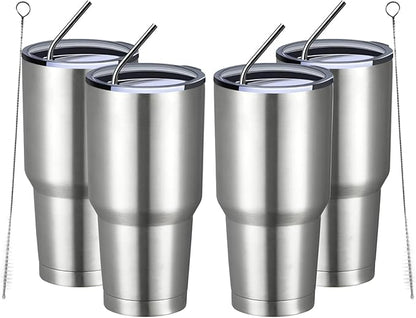 MEWAY 30oz Insulated Tumbler With Lids and Straws,Stainless Steel Double Vacuum Coffee Tumbler Cup, Brush, Durable Powder Coated Coffee Cup for Cold & Hot Drinks, Office(Silver,4 PACK)