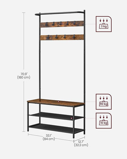 VASAGLE Hall Tree with Bench and Shoe Storage, Entryway Bench with Coat Rack Stand and Shoe Rack, 9 Movable Hooks, Top Bar, Fabric Shelves, Industrial, Rustic Brown and Black UHSR421B01