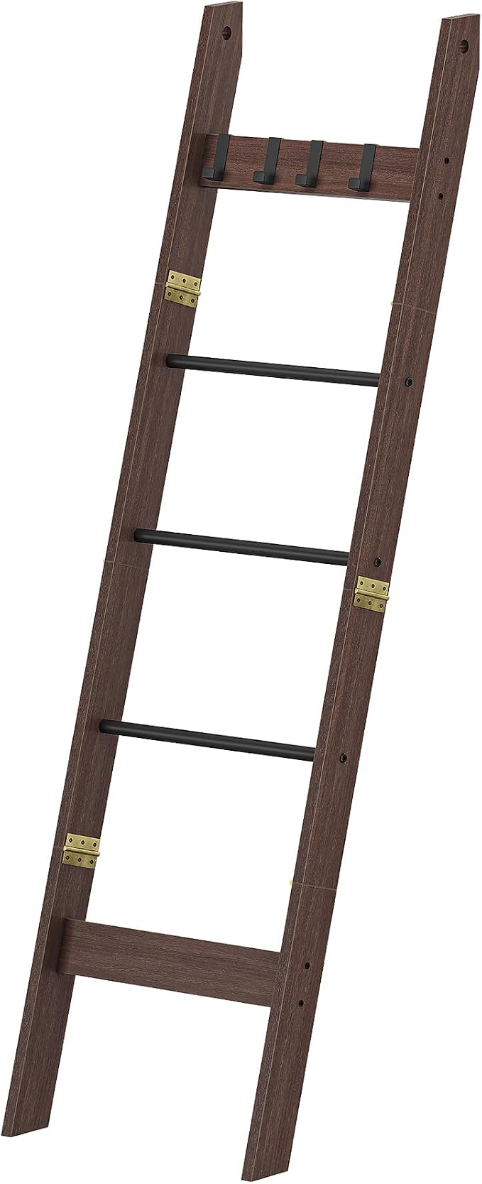 Hzuaneri Blanket Ladder for Living Room, Decorative Quilt Rack with 4 Removable Hooks, 5-Tier Farmhouse Ladder Holder Shelf Organizer for Bedroom, Black Tea Brown and Black BR02120B