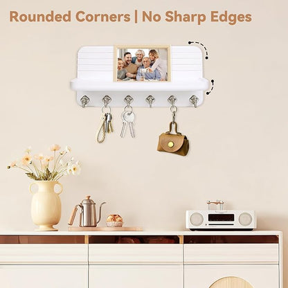 Key Holder for Wall, Mail Organizer Wall Mount with 6 Hooks Wooden Hanging Key Rack for Home Decor, Hallway, Entryway (White)