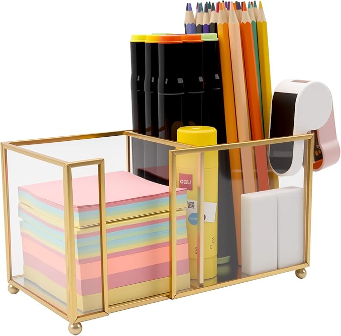 Glass Sticky Note Holder,2 Slots Post It Note Dispenser,Gold Desk Organizer for 3 x 3 Sticky Notes/Paper Clips/Book Clips,Stylish Post it Holder for Home Office Desk