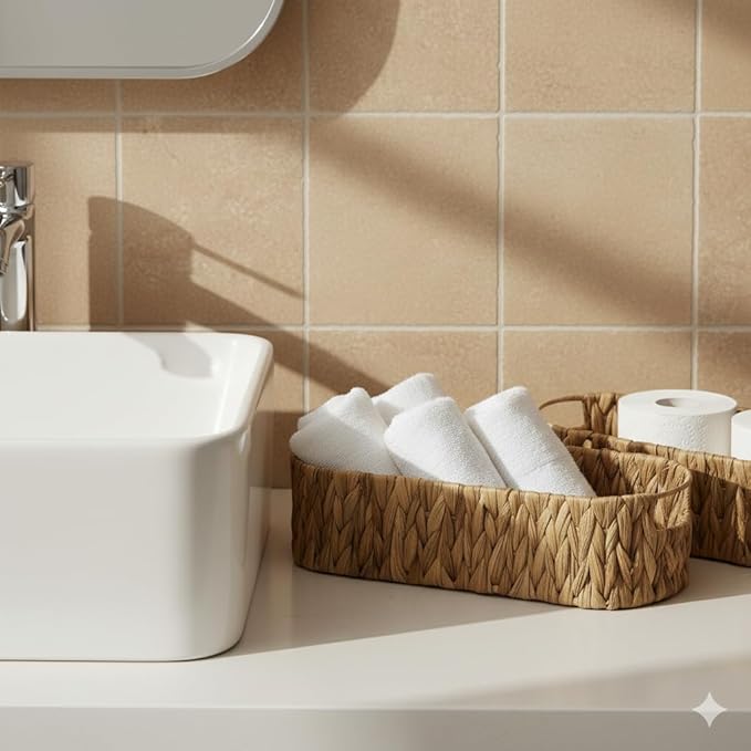 Toilet Paper Storage with Handles, Water Hyacinth Toilet Paper Holder, Storage Basket for Table, Shelves, Bathroom, Living Room, Gift Basket, Decor, 2 Packs (14.2" × 6.3" × 3.9")