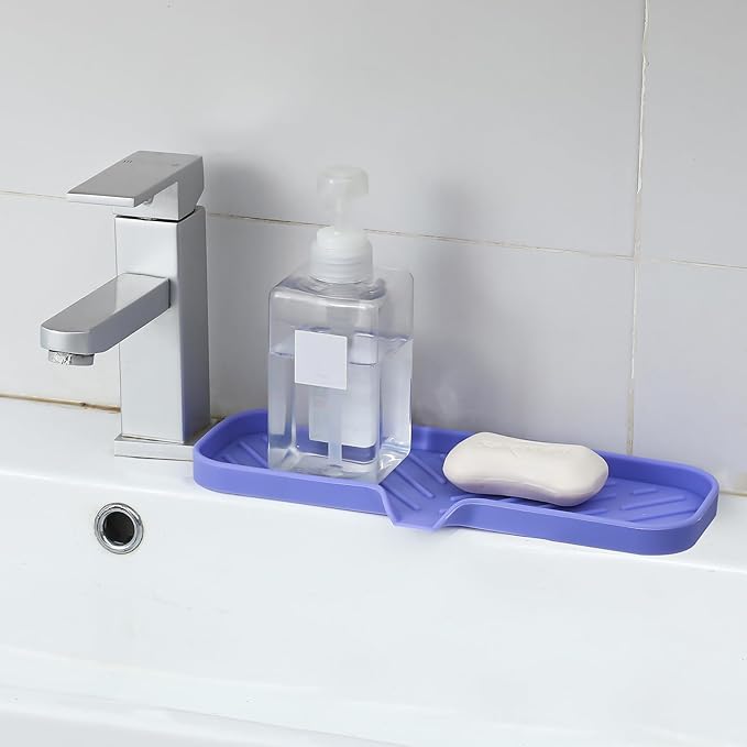 MicoYang Silicone Soap Dish with Drain Spout — Self-Draining Double Sink Organizer Tray for Kitchen & Bath, Dispensers, Sponges & Soap Holder, Non-Slip & Dishwasher Safe, Light Purple (Large, 12"×4")