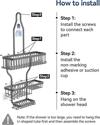 YASONIC Never Rust Shower Caddy Hanging, Aluminum Shower Racks for Inside Shower, 3-Tier Shower Organizer Hanging Over Shower Head with Hooks and Soap Holder, Grey