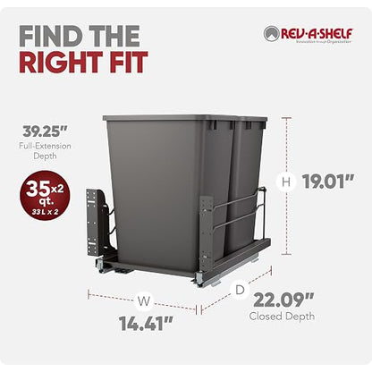 Rev-A-Shelf Double 35 Qt Pullout Trash Cans with Soft-Close for Under Kitchen Cabinets, Min Opening Width of 14.5", Orion Gray, 53WC-1835SCDM-213
