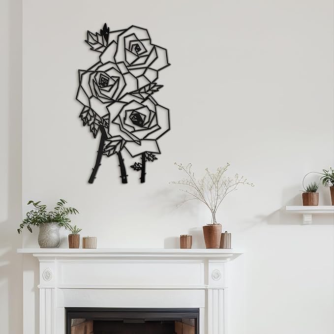 SIGNLEADER Metal Wall Art Decor Thorny Rose Modern Abstract Wall Sculpture Hangings Home Decoration for Living Room, Bedroom, Bathroom, Kitchen, Outdoor - 30" Black